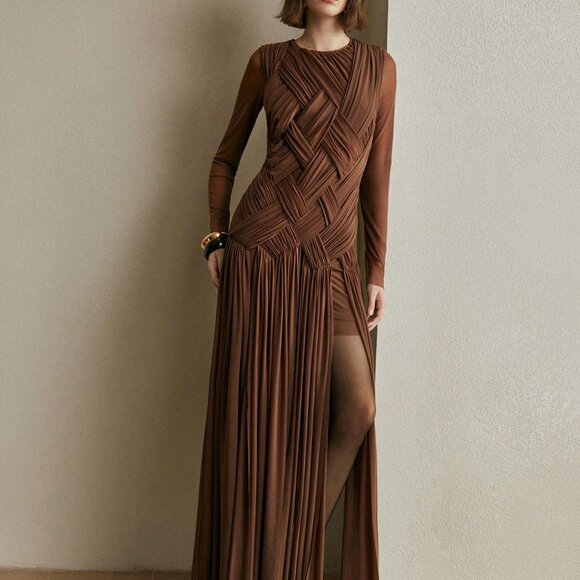 Coffee Brown Elegant Women's Long Dress - Picture 3 of 8